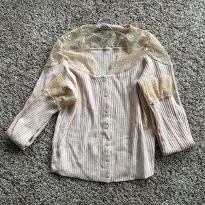 Cream Ribbed Button-Up Top with Lace Trim